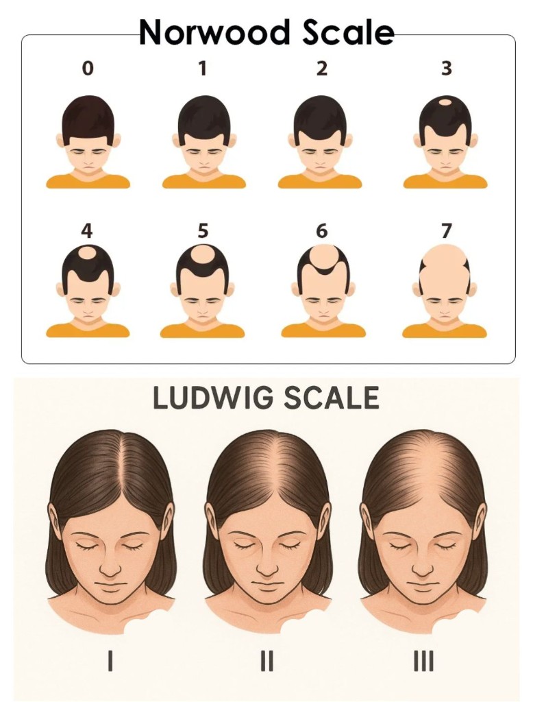 Norwood Scale and Ludwig Scale — male and female hair loss classification